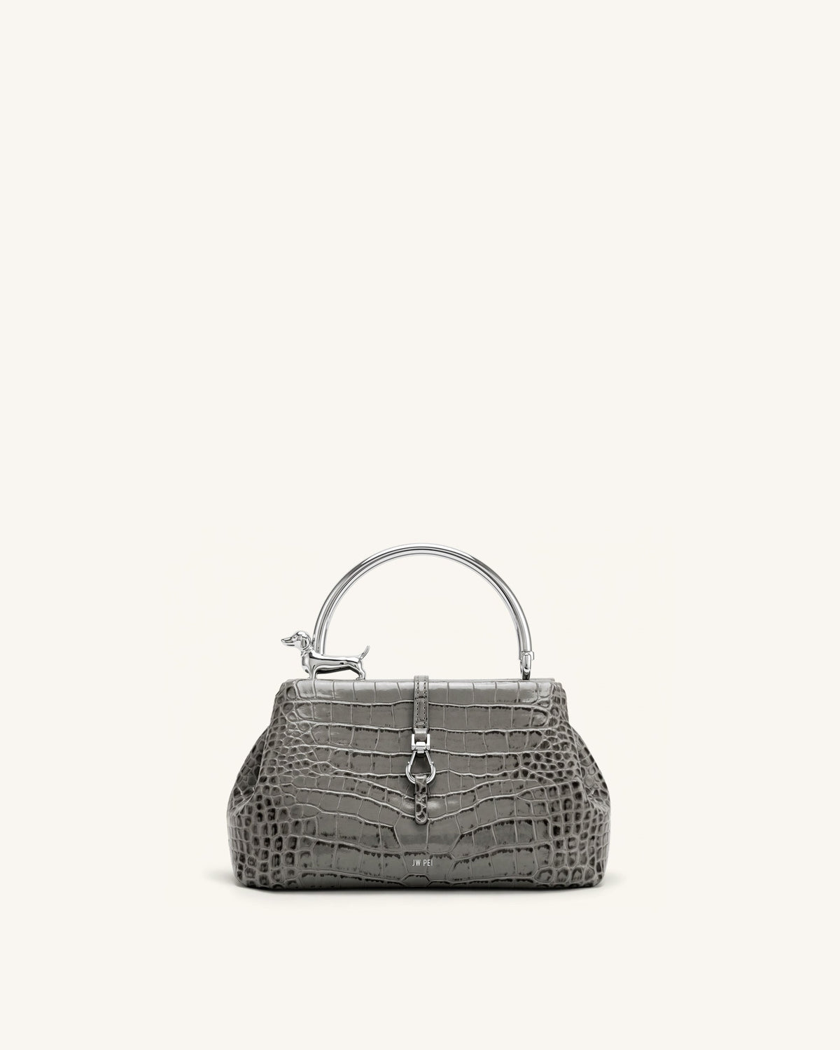Bruna Dachshund Metal Handle Top Handle Bag - Light Grey Croc | JW PEI