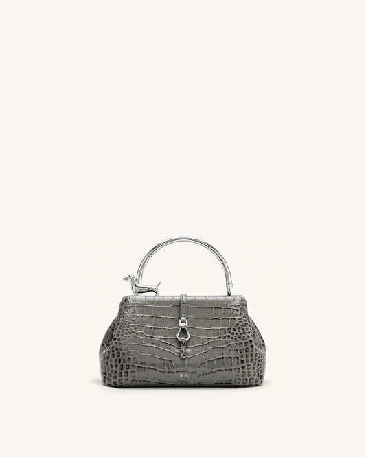 Bruna Dachshund Metal Handle Top Handle Bag - Light Grey Croc | JW PEI