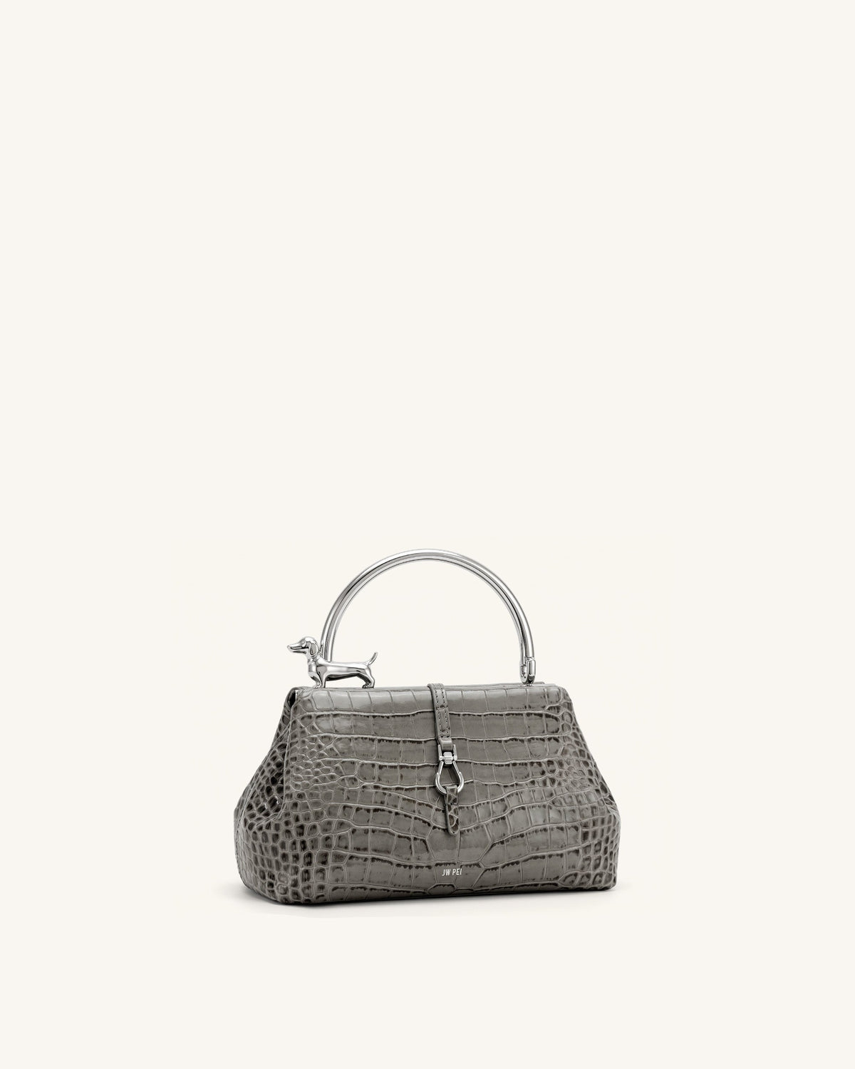 Bruna Dachshund Metal Handle Top Handle Bag - Light Grey Croc | JW PEI
