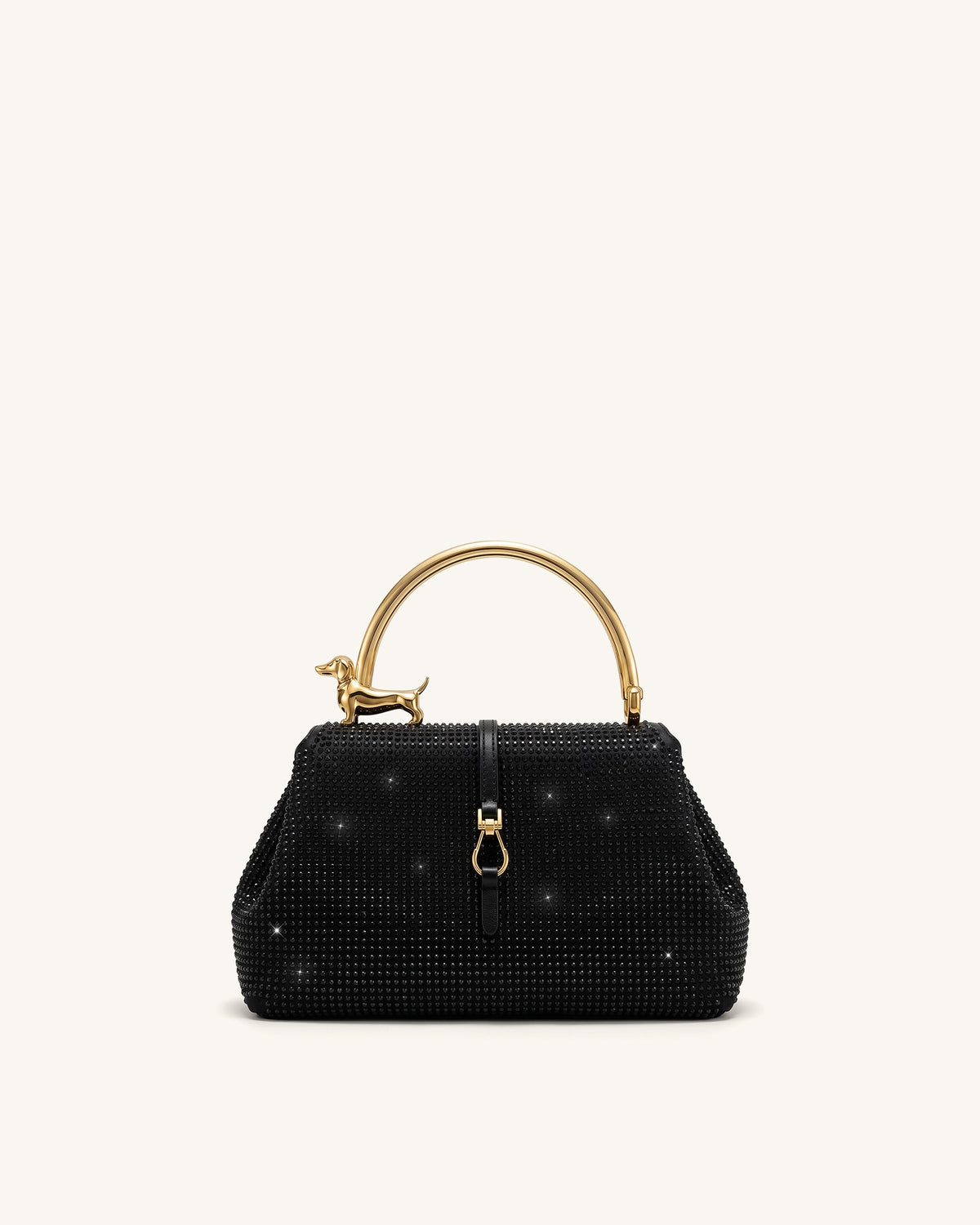 Bruna Artificial Crystal Dachshund Metal Handle Top Handle Bag - Black | JW PEI