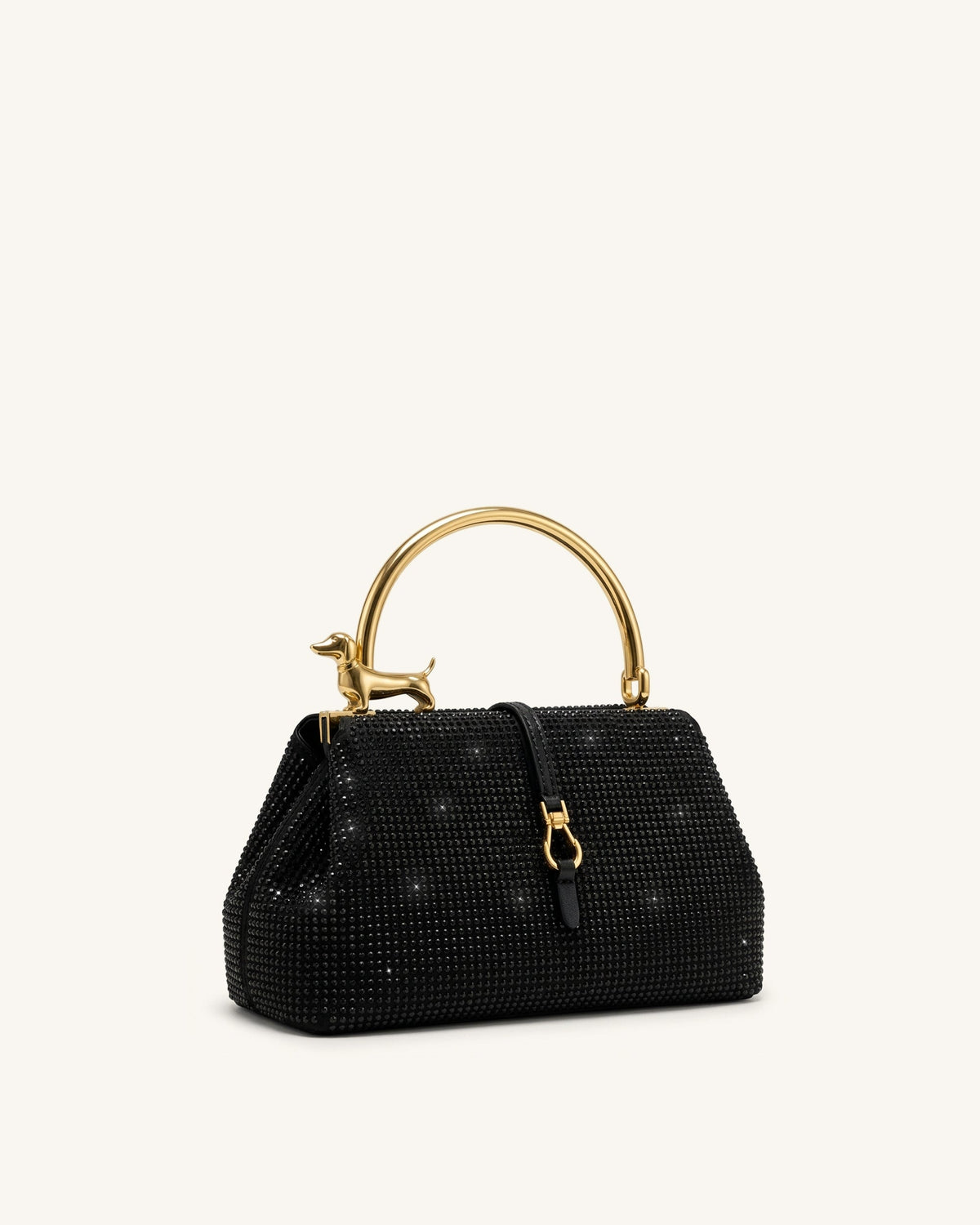 Bruna Artificial Crystal Dachshund Metal Handle Top Handle Bag - Black | JW PEI