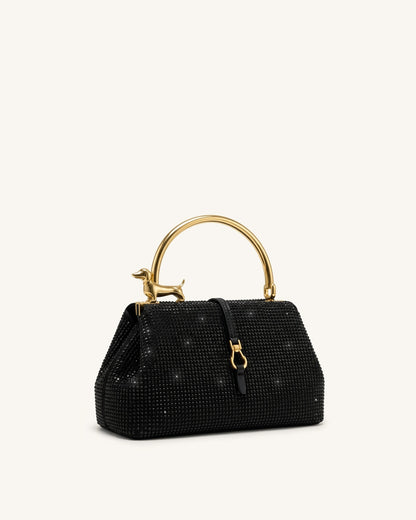 Bruna Artificial Crystal Dachshund Metal Handle Top Handle Bag - Black | JW PEI