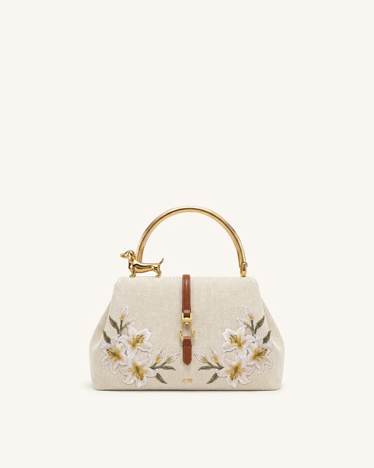 Bruna Dachshund Metal Handle Lily Embroidered Top Handle Bag - Brown C | JW PEI