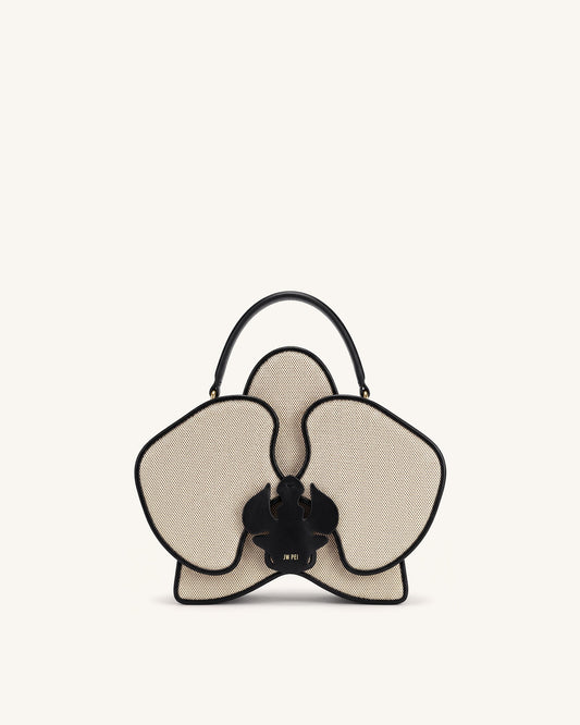 Flora Orchid Shaped Top Handle Bag - Black White Canvas | JW PEI