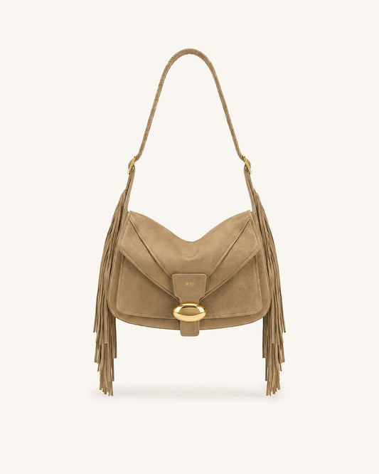 Avery Fringe Faux Suede Shoulder Bag - Khaki | JW PEI