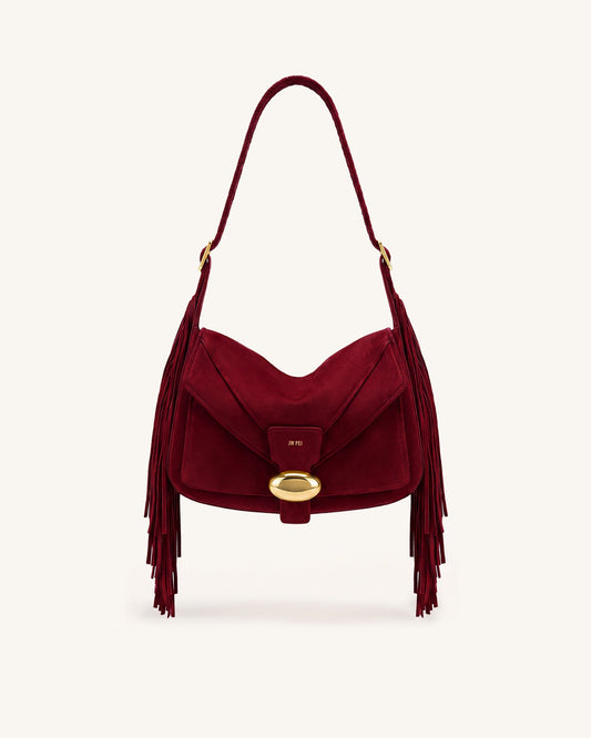 Avery Fringe Faux Suede Shoulder Bag - Burgundy | JW PEI