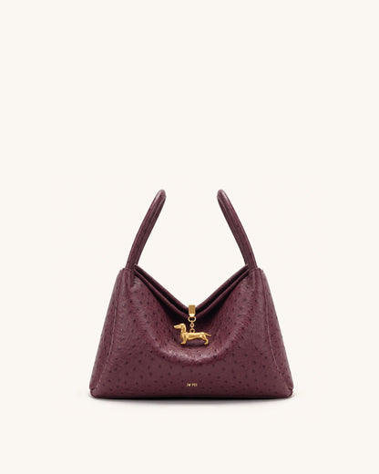 Maelle Faux Ostrich Grain Dachshund Charm Double Handle Bag - Berry Re | JW PEI