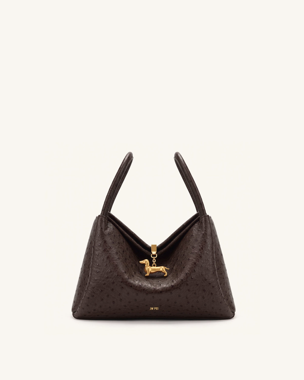 Maelle Faux Ostrich Grain Dachshund Charm Double Handle Bag - Dark Bro | JW PEI