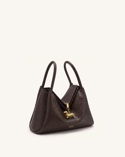 Maelle Faux Ostrich Grain Dachshund Charm Double Handle Bag - Dark Bro | JW PEI