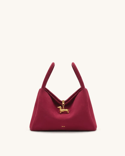 Maelle Faux Suede Dachshund Charm Double Handle Bag - Burgundy | JW PEI
