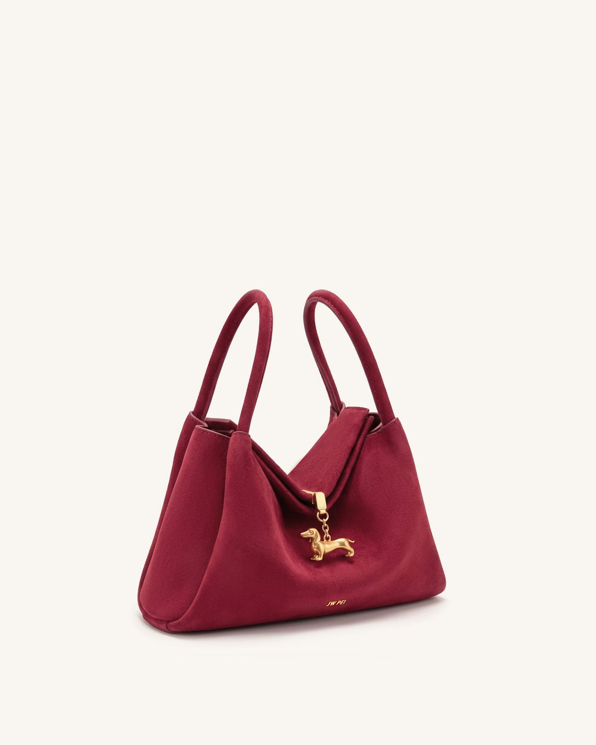 Maelle Faux Suede Dachshund Charm Double Handle Bag - Burgundy | JW PEI