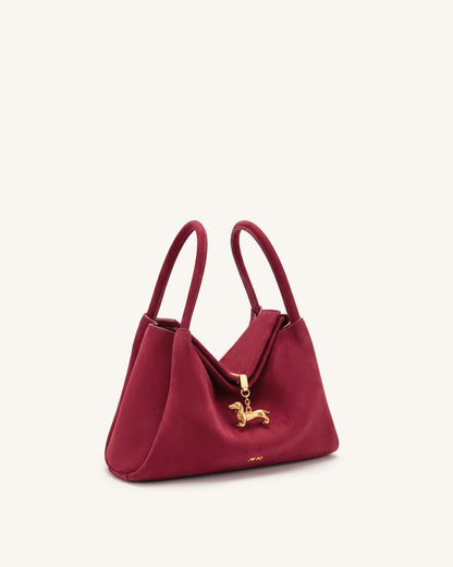 Maelle Faux Suede Dachshund Charm Double Handle Bag - Burgundy | JW PEI