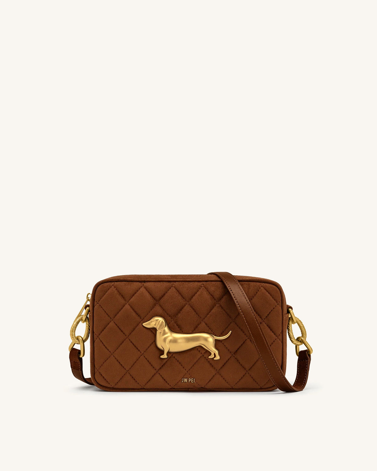 Riley Faux Suede Dachshund Quilted Shoulder Bag - Caramel Brown | JW PEI