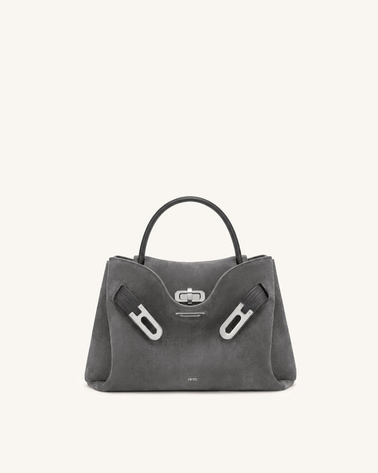 Rhea Small Faux Suede Double Buckle Shoulder Bag - Smoke Grey | JW PEI