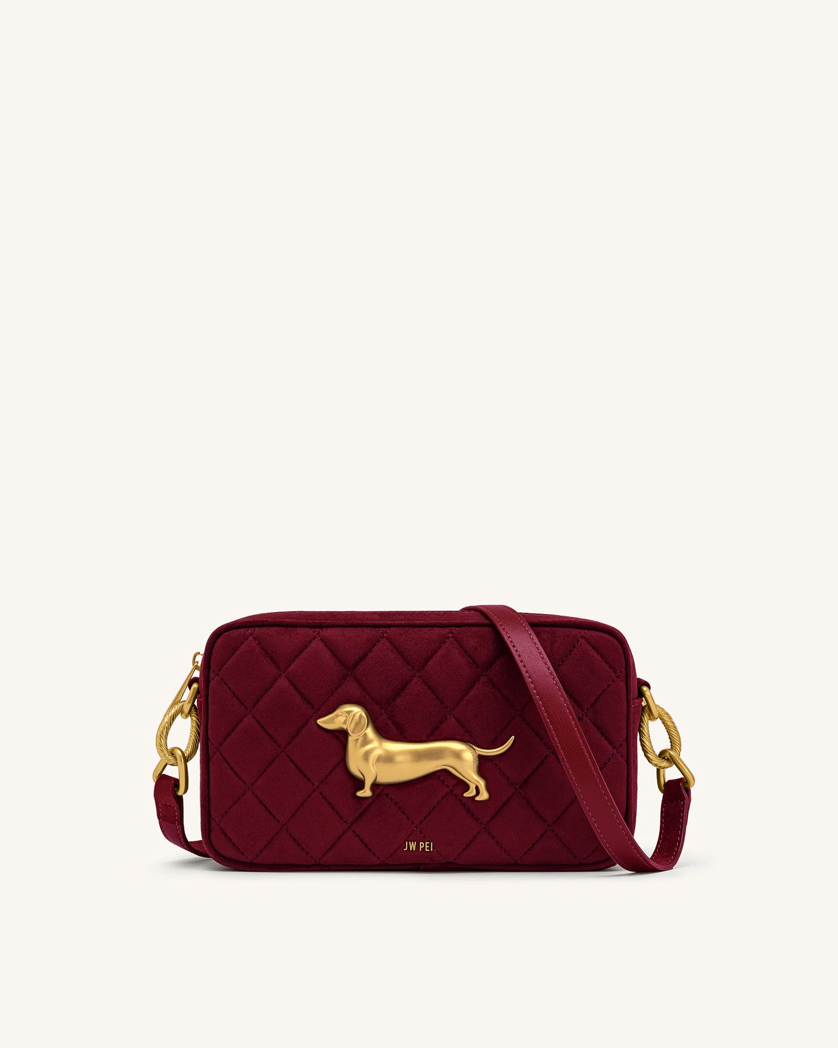 Riley Faux Suede Dachshund Quilted Shoulder Bag - Burgundy | JW PEI