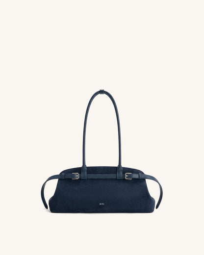 Arden Faux Suede Belt Detail East-West Shoulder Bag - Navy Blue | JW PEI