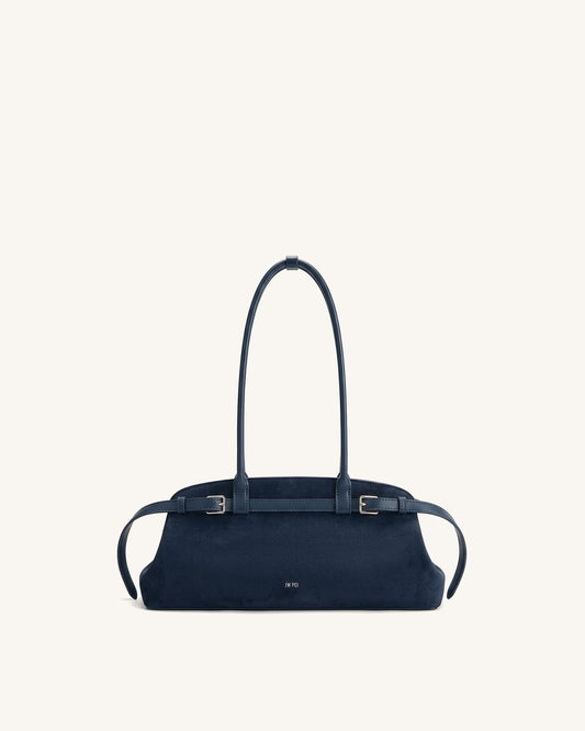 Arden Faux Suede Belt Detail East-West Shoulder Bag - Navy Blue | JW PEI