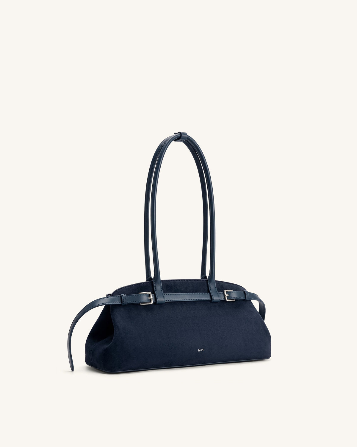 Arden Faux Suede Belt Detail East-West Shoulder Bag - Navy Blue | JW PEI