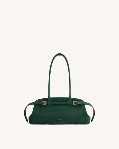 Arden Faux Suede Belt Detail East-West Shoulder Bag - Dark Green | JW PEI