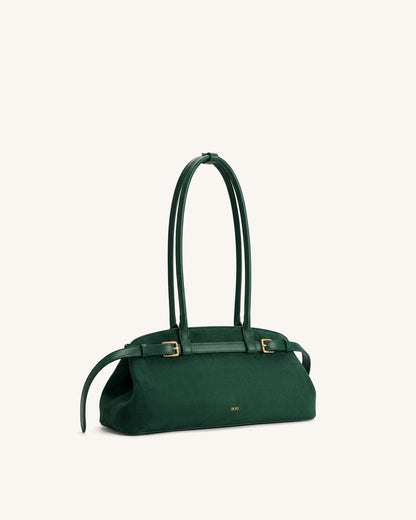 Arden Faux Suede Belt Detail East-West Shoulder Bag - Dark Green | JW PEI