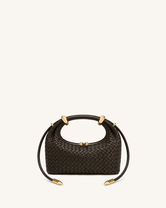 Ellie Woven Metal Ring Embellished Top Handle Bag - Dark Brown | JW PEI