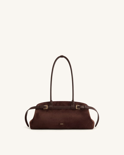 Arden Faux Suede Belt Detail East-West Shoulder Bag - Coffee Brown | JW PEI