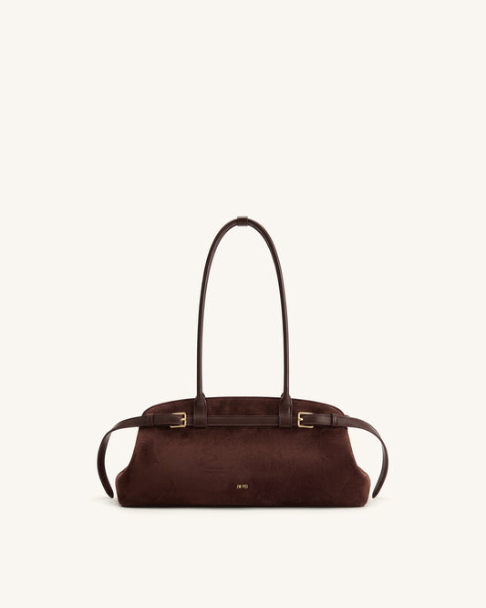 Arden Faux Suede Belt Detail East-West Shoulder Bag - Coffee Brown | JW PEI
