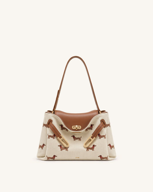Rhea Dachshund Embroidered Double Buckle Shoulder Bag - Brown Canvas | JW PEI