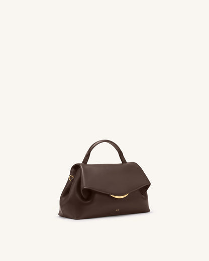 Nerissa Curved Flap Top Handle Bag - Dark Brown | JW PEI