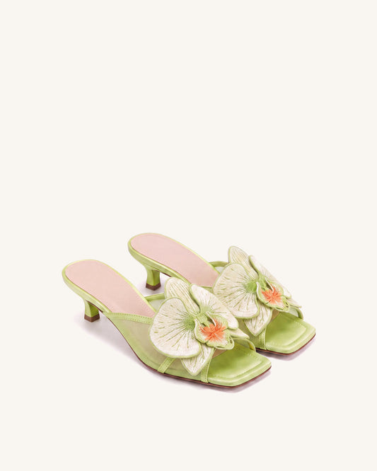 Serena Oversized Orchid Embroidered Mules - Chartreuse | JW PEI