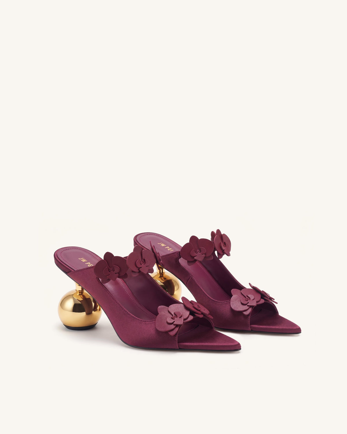 Rosalie Orchid Appliqué Sphere Heel Mules - Burgundy | JW PEI