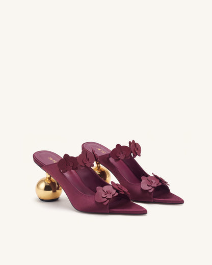 Rosalie Orchid Appliqué Sphere Heel Mules - Burgundy | JW PEI