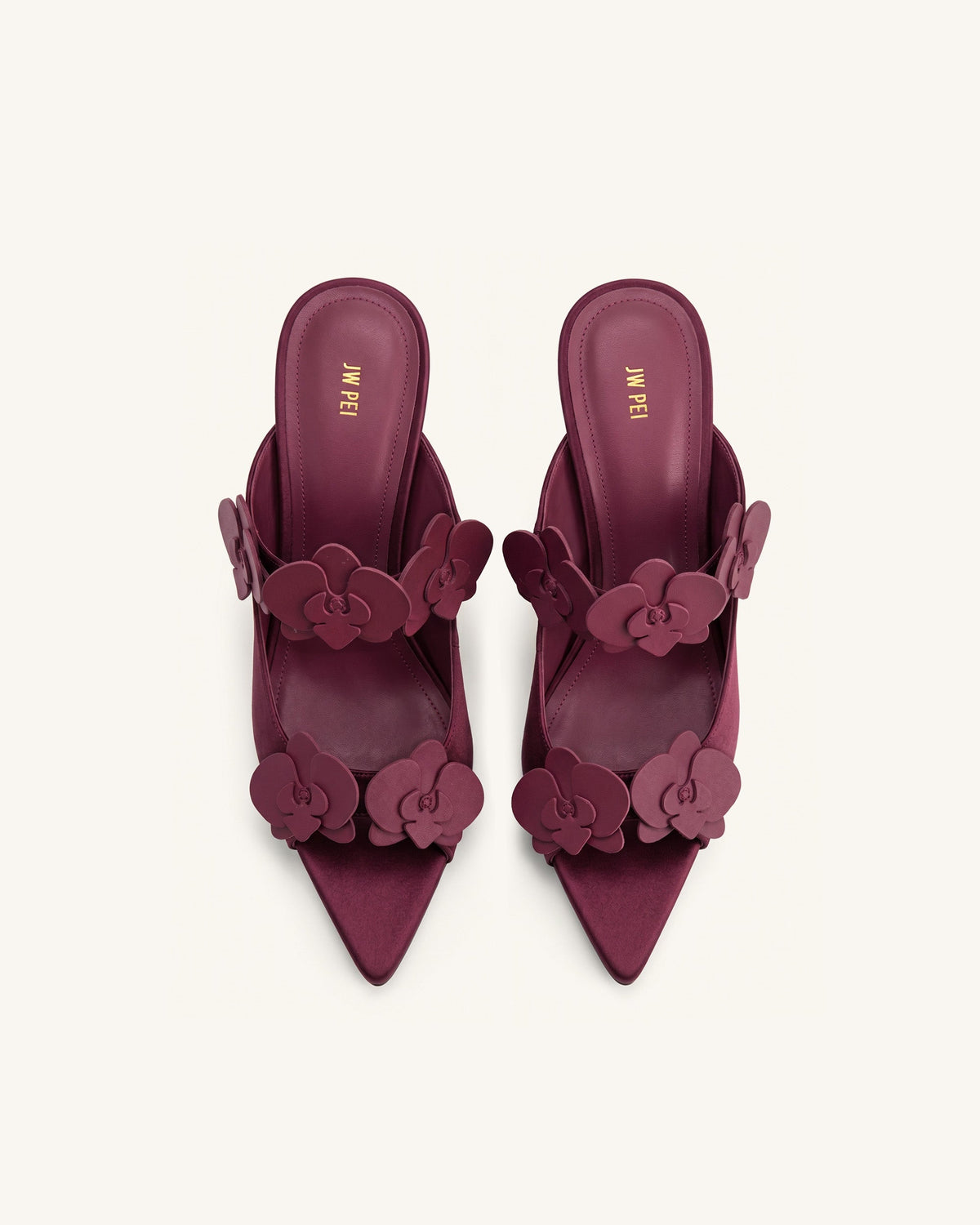 Rosalie Orchid Appliqué Sphere Heel Mules - Burgundy | JW PEI