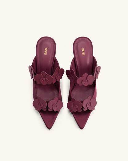 Rosalie Orchid Appliqué Sphere Heel Mules - Burgundy | JW PEI