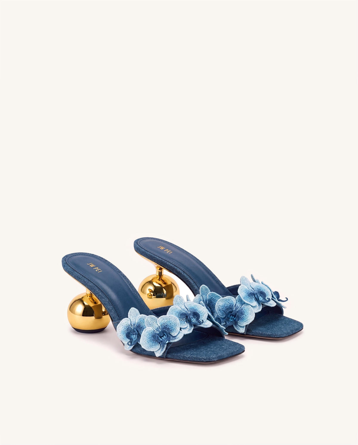 Celia Orchid Embroidered Sphere Heel Mules - Denim Blue | JW PEI