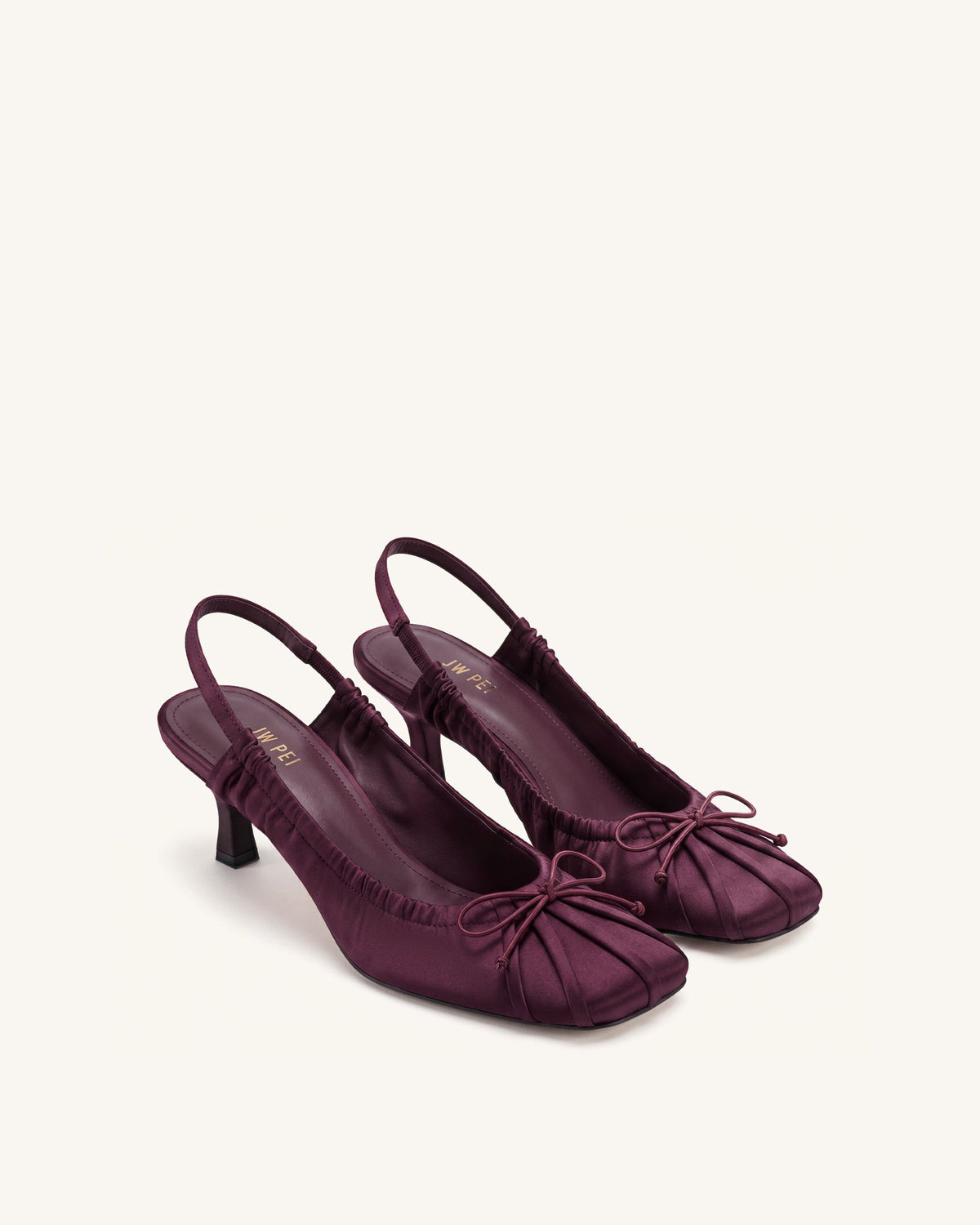 Solenne Satin Bow Ruched Slingback Pumps - Burgundy | JW PEI