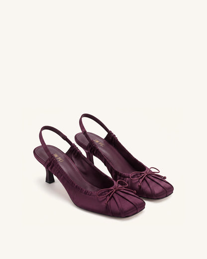Solenne Satin Bow Ruched Slingback Pumps - Burgundy | JW PEI
