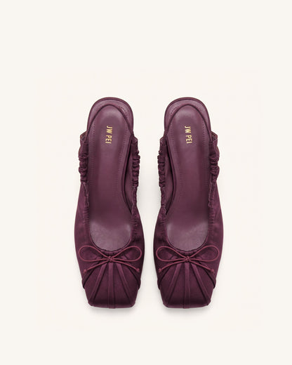 Solenne Satin Bow Ruched Slingback Pumps - Burgundy | JW PEI
