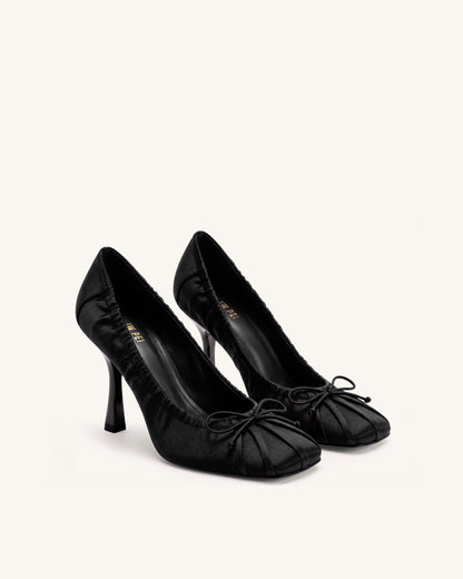 Solenne Satin Bow Ruched Pumps - Black | JW PEI