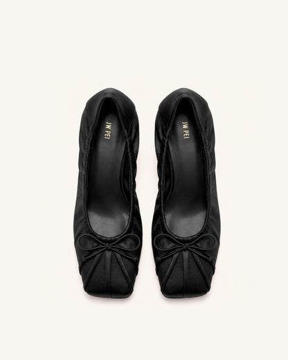 Solenne Satin Bow Ruched Pumps - Black | JW PEI