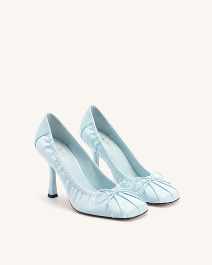 Solenne Satin Bow Ruched Pumps - Blue | JW PEI