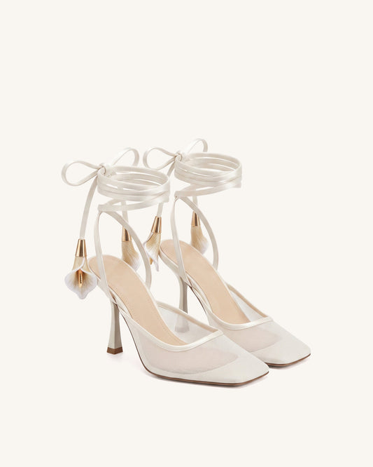 Astrid Calla Lily Lace-Up Mesh Pumps - Beige | JW PEI