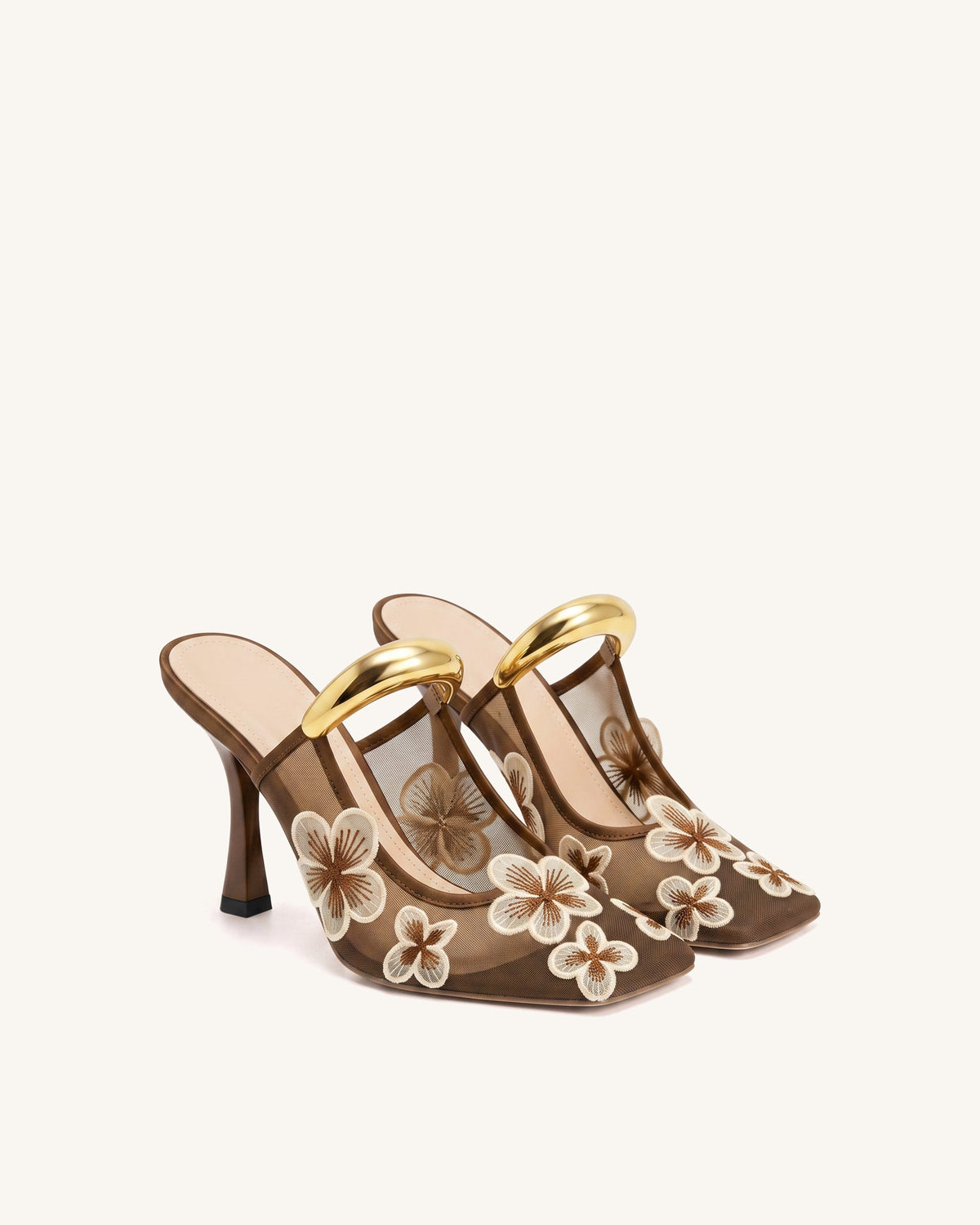 Mireille Pierced Floral Embroidered Appliqué Mesh Mules - Brown | JW PEI