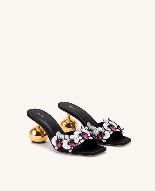 Celia Orchid Embroidered Sphere Heel Mules - Black | JW PEI