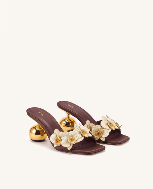 Celia Orchid Embroidered Sphere Heel Mules - Brown | JW PEI