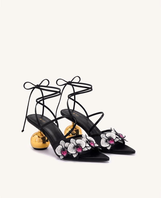 Celia Orchid Embroidered Sphere Heel Lace-Up Sandals - Black | JW PEI