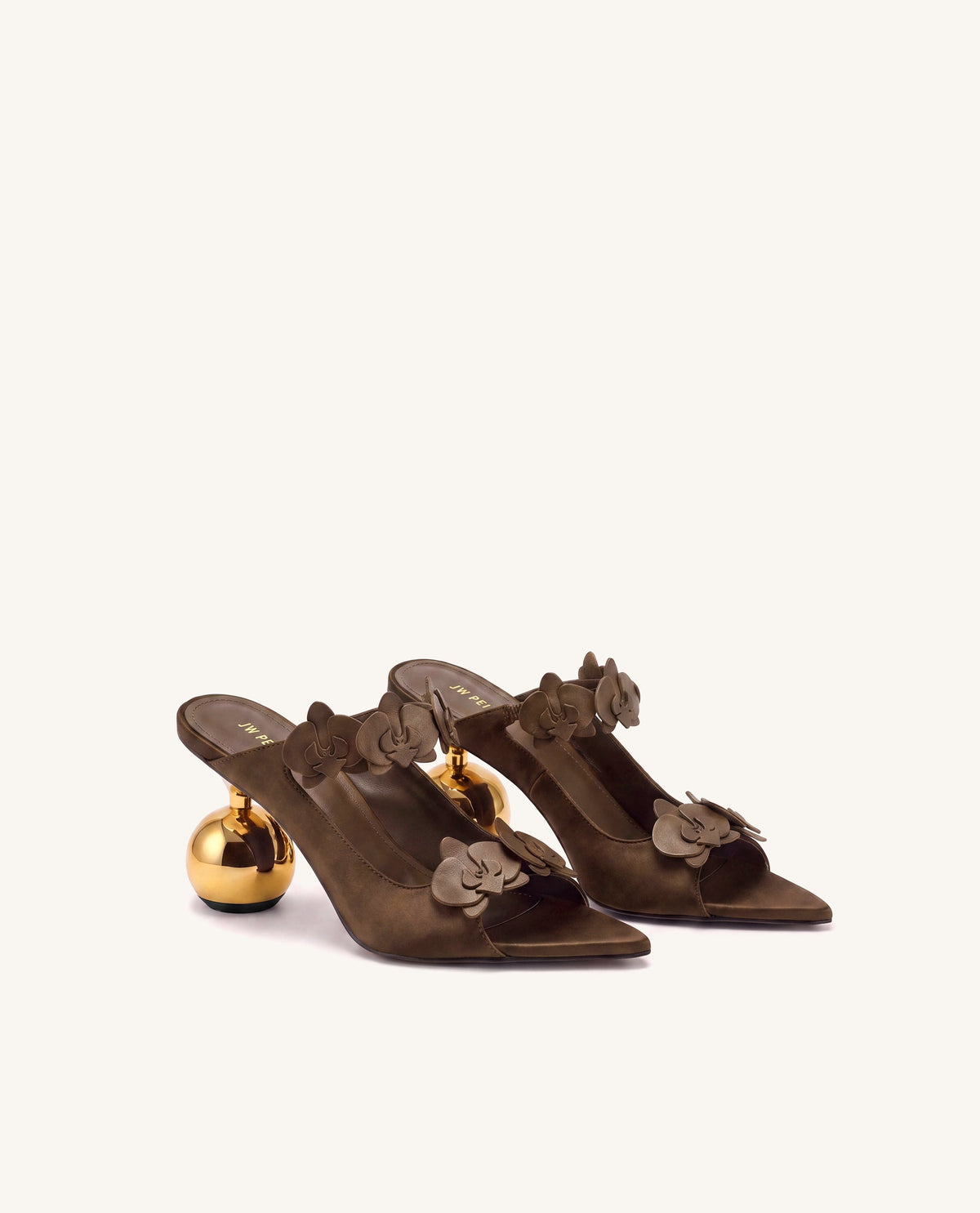 Rosalie Orchid Appliqué Sphere Heel Mules - Brown | JW PEI