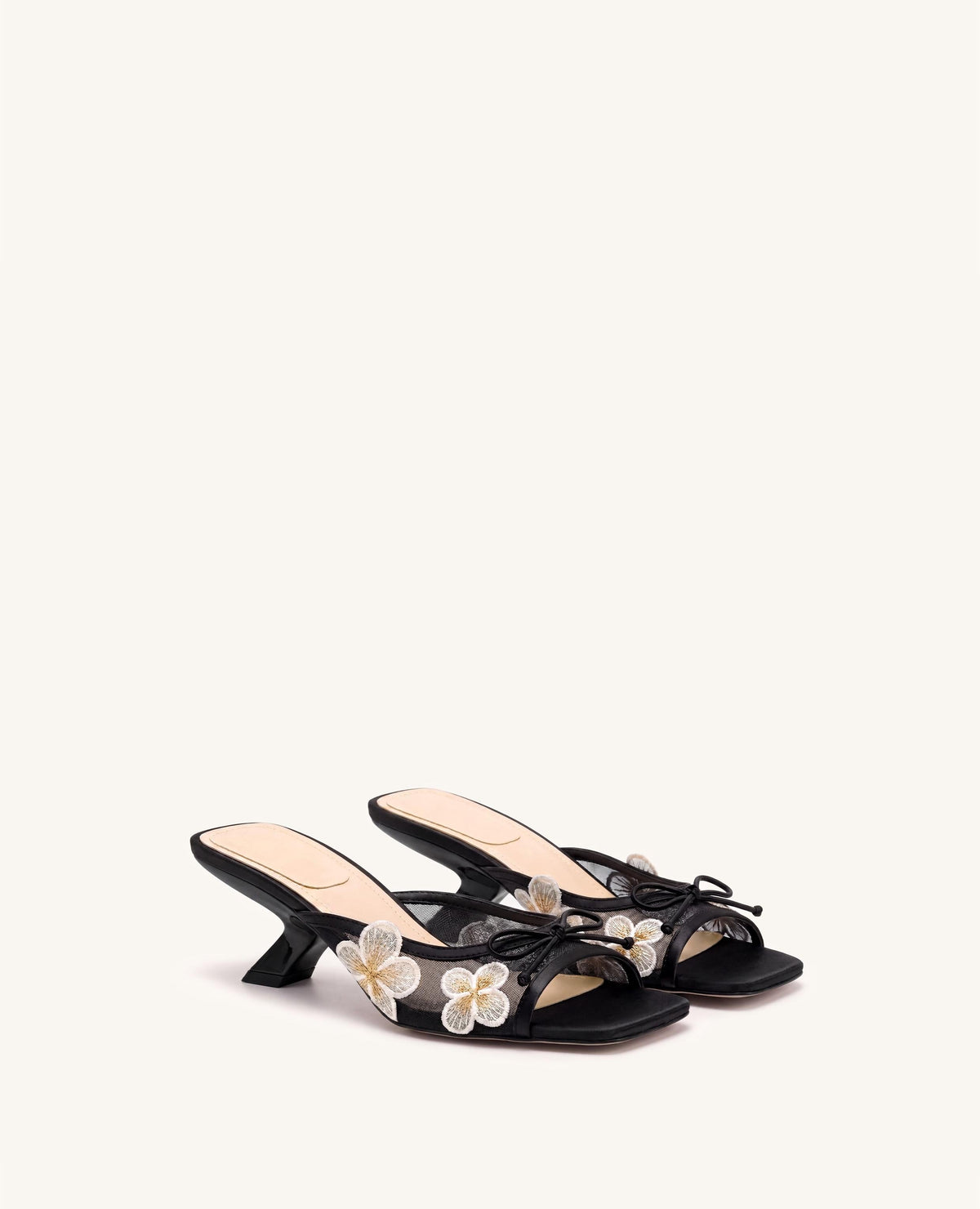 Mireille Bow Floral Embroidered Appliqué Mesh Heeled Sandals - Black | JW PEI