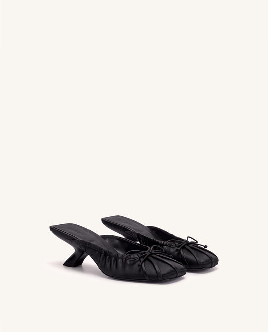 Solenne Satin Bow Ruched Mules - Black | JW PEI