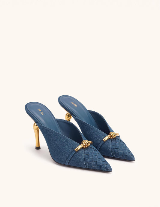 Lena Metal Rope Knot Woven Panel Mules - Denim Blue | JW PEI